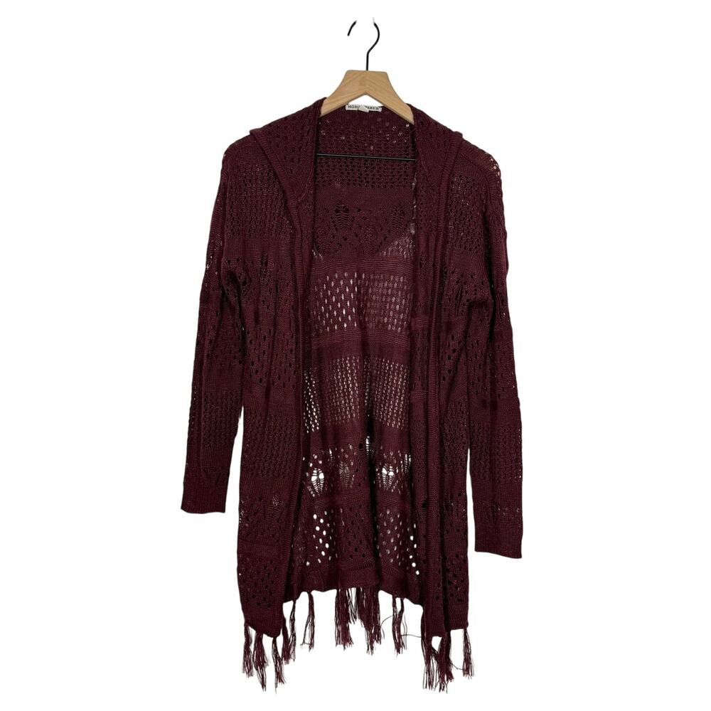 Moral Fiber Cardigan Sweater Size Large‎ Burgundy Open Front Knit Fringe Hoodie
